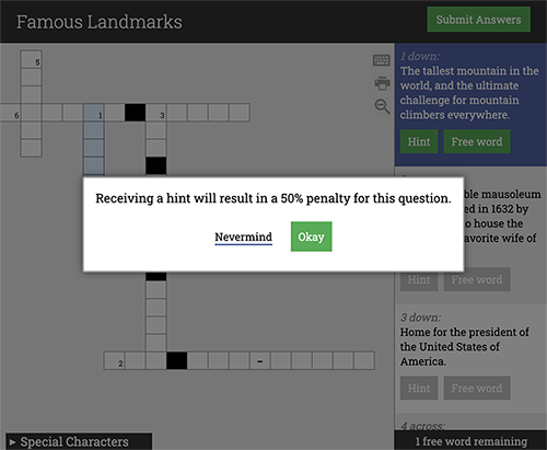 A modal dialog in the Crossword player.