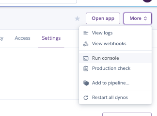 Run Console Heroku menu item