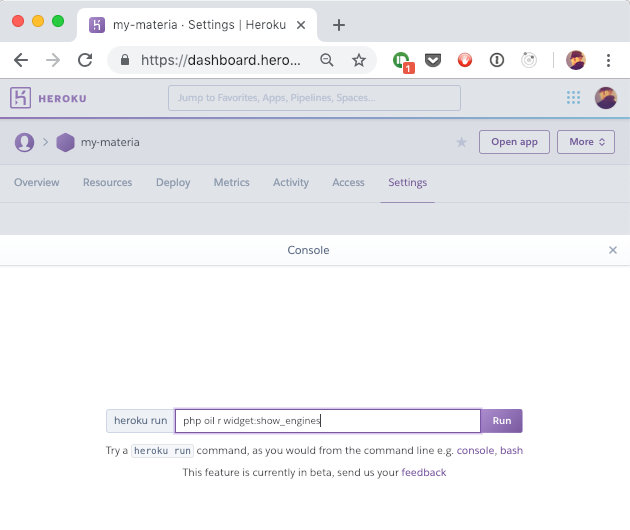 Running php oil r widget:show_engines on Heroku