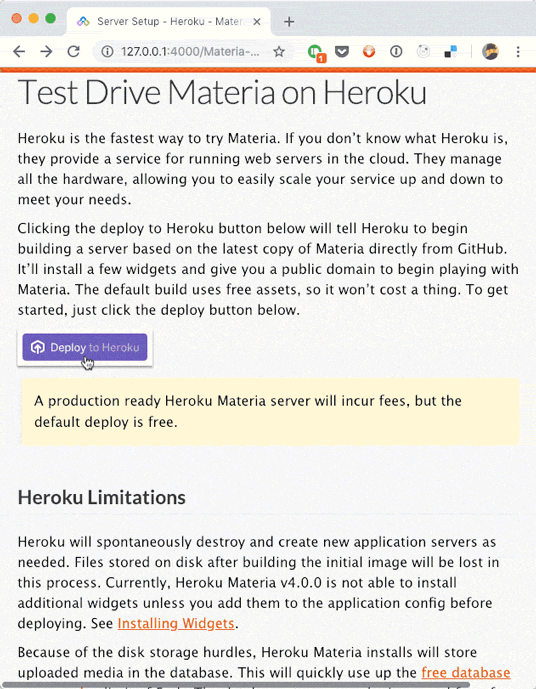 Animation of Creating a new Heroku Materia Server in 2 minutes.