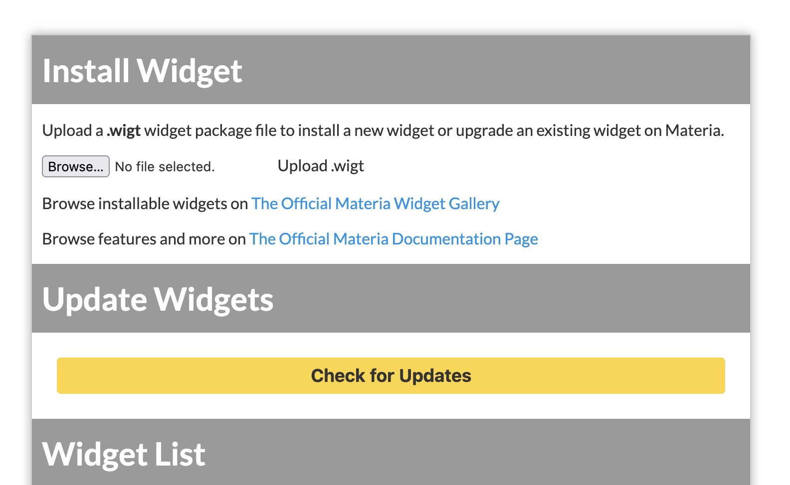 Screen Capture showing the Widget Admin Panel