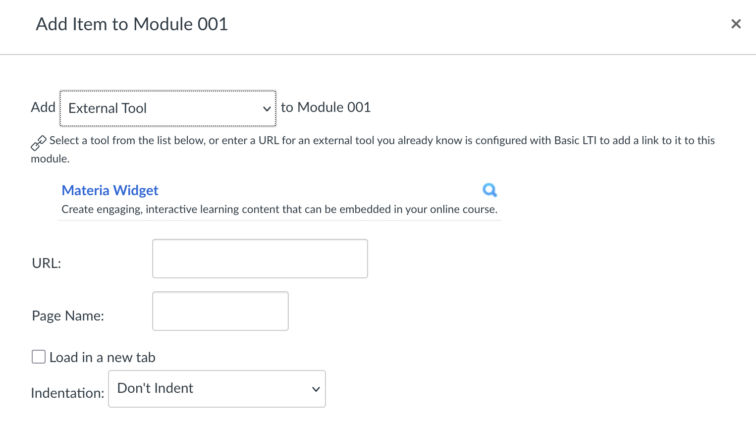 The dialog for adding a new item to a module in Canvas.