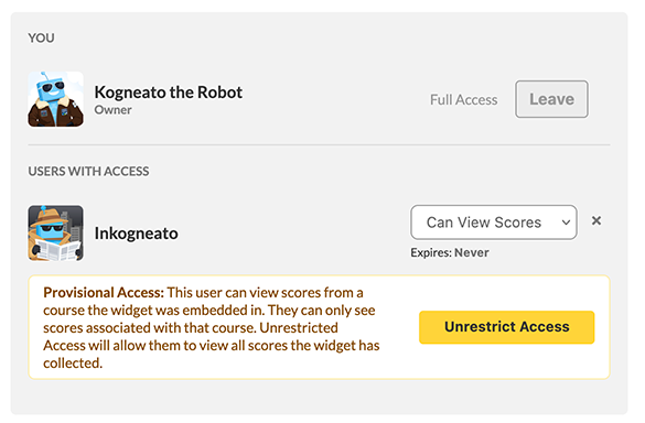 A user with provisional access in the collaboration dialog.