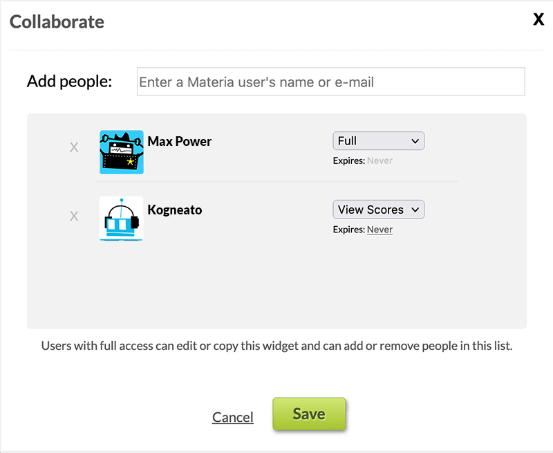 The collaboration dialog lets you search for colleagues and set their permissions.
