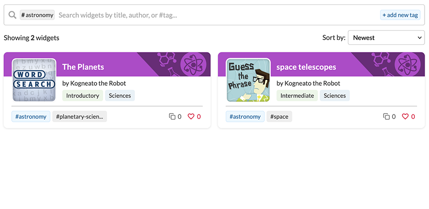 Searching for widgets in the Community Library by tag.