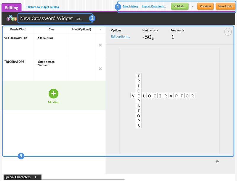 Screenshot showing the Crossword creator.