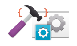 Graphic of a hammer, code, a browser window, and a gear to embody development