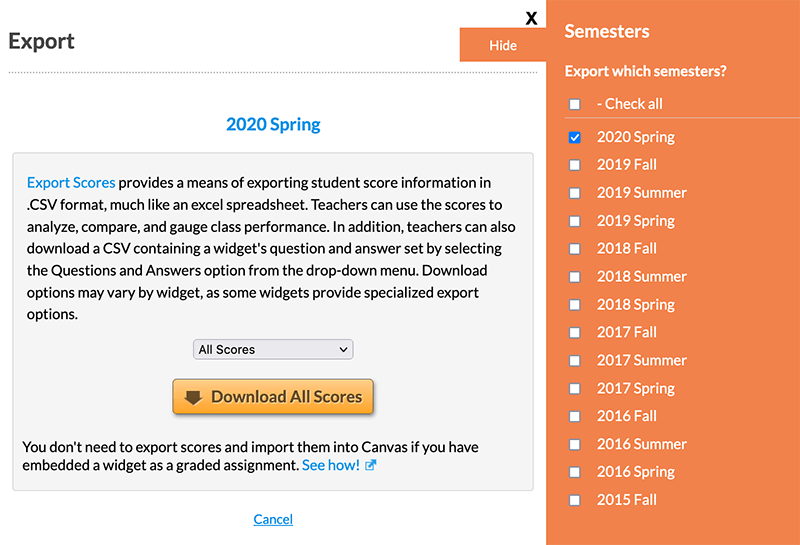 The Export Options Dialog allows you to download score information and additional widget data.