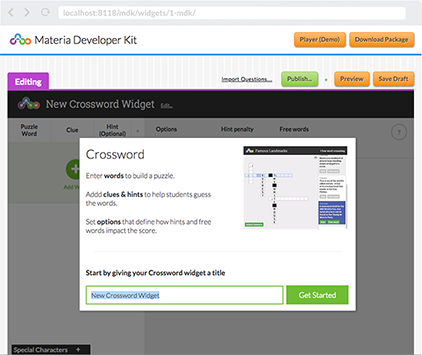 MWDK being used to develop the Crossword widget creator.