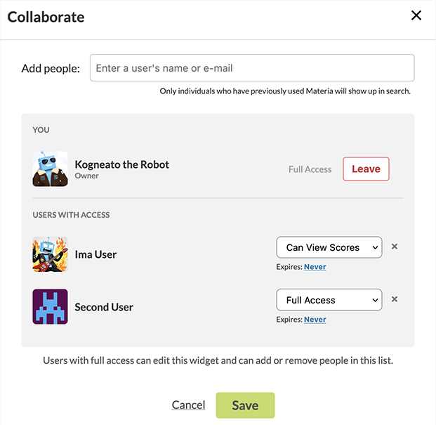 Sharing access to a widget with the collaboration dialog.