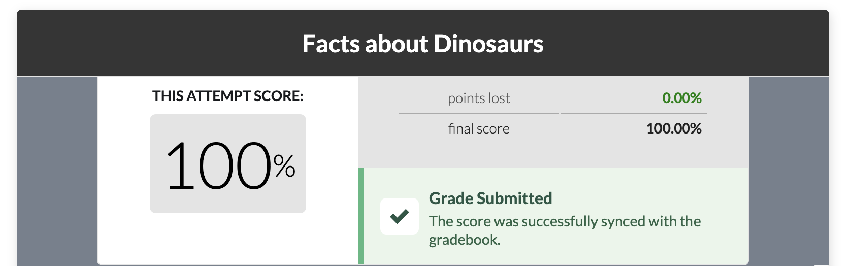 The overview section of a score screen indicating a successful gradebook sync.