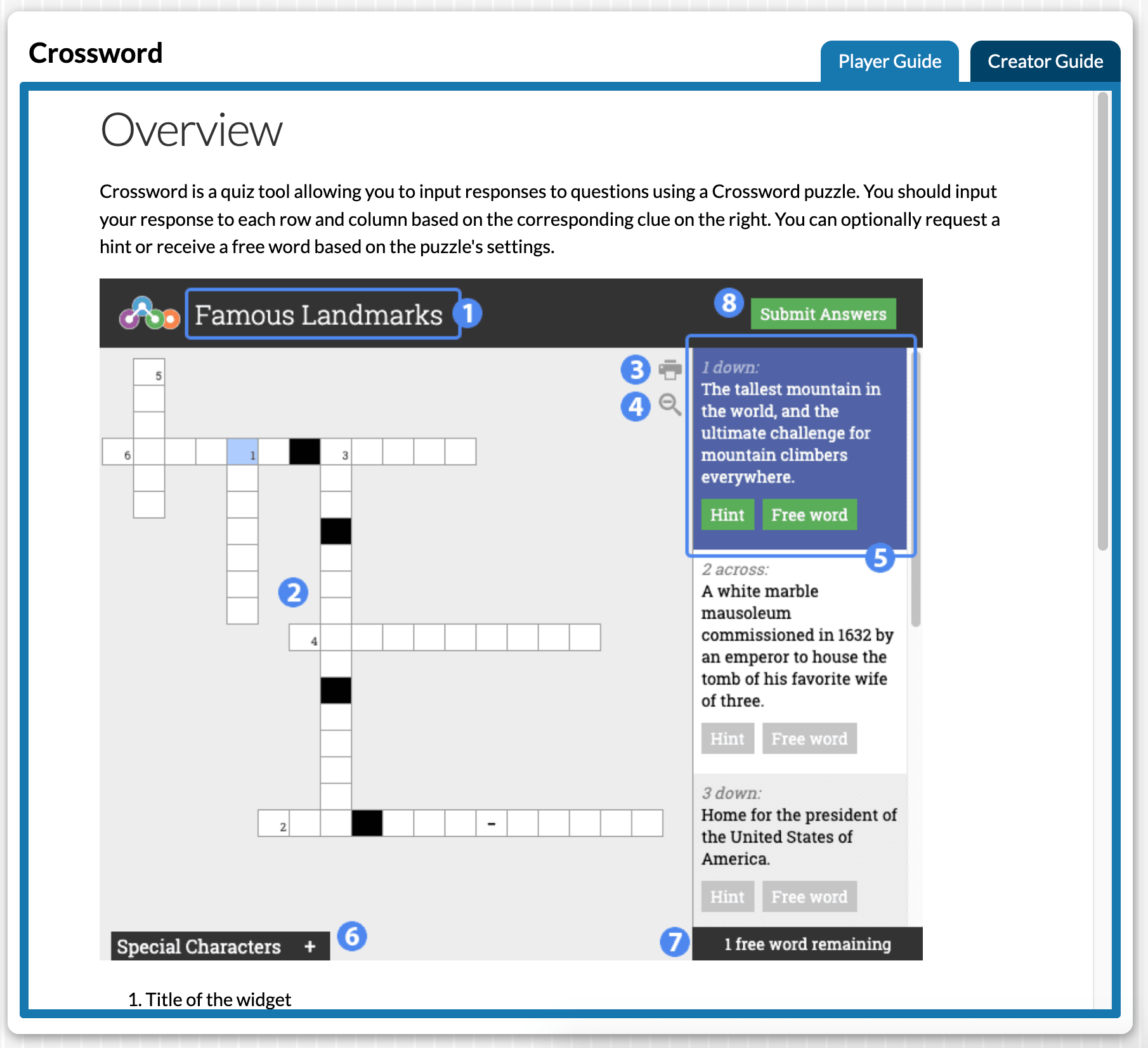 The embedded widget player guide. Note that the figures are part of the player guide itself.