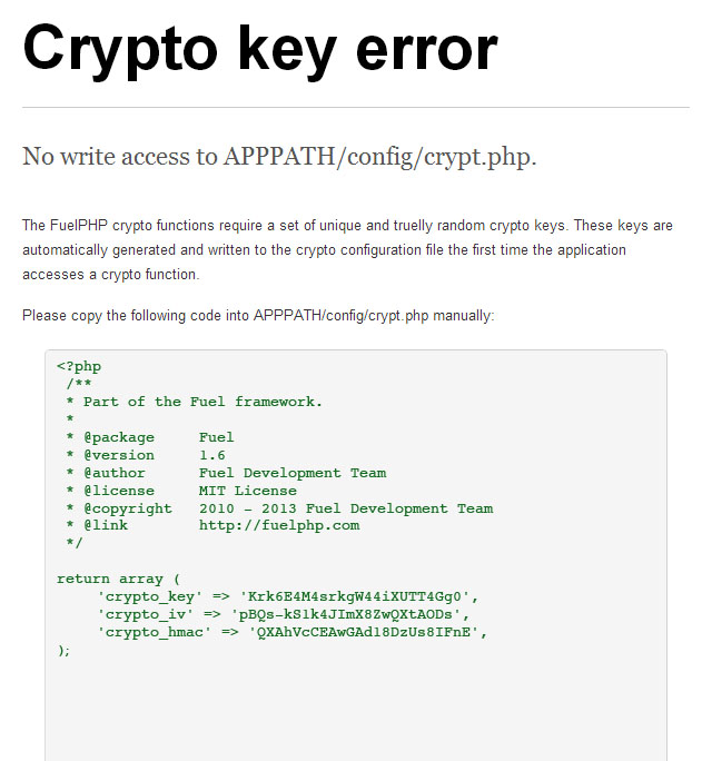 Image displaying an error message for lack of read write access to a non existant crypt.php file