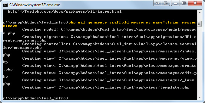 Running php scaffold for messages: php oil generate scaffold messages name:string message:text.