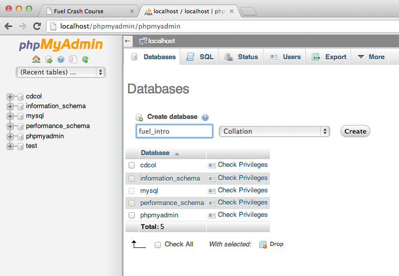 Screenshot showing the creation of a database from phpmyadmin.