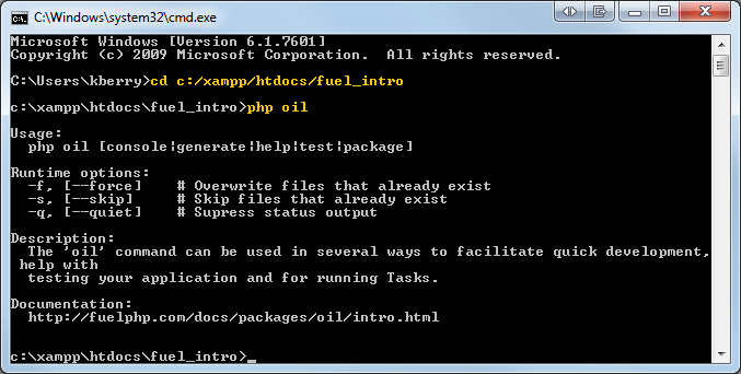 Running php oil. Command 1: cd c:/xampp/htdocs/fuel_intro, Command 2: php oil